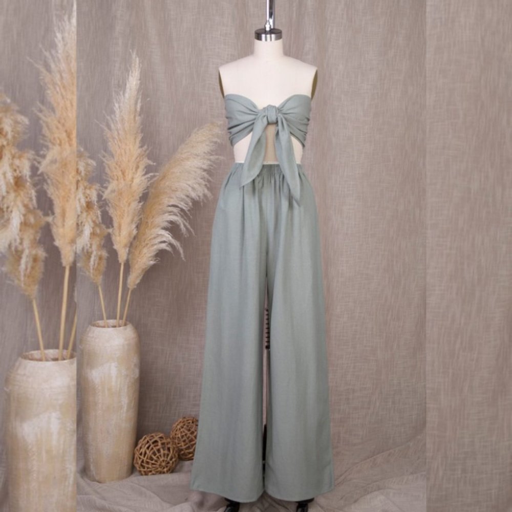 Linen Cotton Tube Top & Flare Pant Beach Set Mint